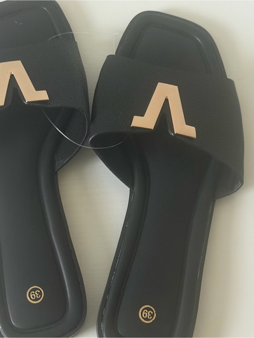 No Boundaries Black Slide Sandals with Gold Accent